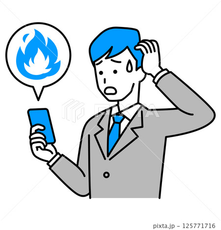 SNSが炎上して困惑しているスーツの男性(スマートフォン) SNSが炎上して困惑しているスーツの男性(スマートフォン) 125771716
