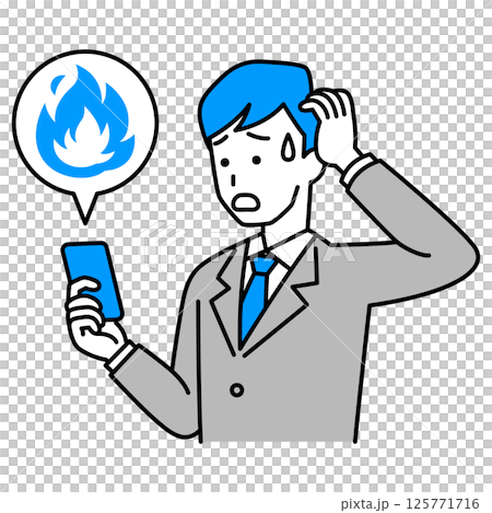 SNSが炎上して困惑しているスーツの男性(スマートフォン) SNSが炎上して困惑しているスーツの男性(スマートフォン) 125771716