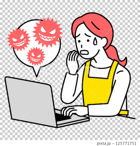 ノートパソコンがコンピューターウィルスに感染して困るエプロン姿の女性 125771751