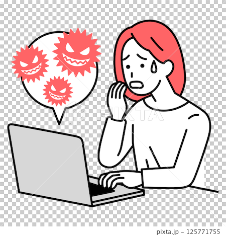 ノートパソコンがコンピューターウィルスに感染して困るカジュアルな女性 125771755