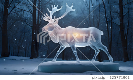 winter themed ice sculpture of a majestic reindeer with delicate antlers glowing under soft snowlight 125771901