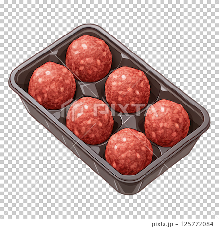 A package of freshly prepared uncooked beef meatballs arranged in a plastic tray ready for cooking or freezing 125772084