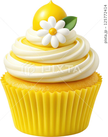 Vibrant lemon cupcake with creamy frosting and white flower 125772414