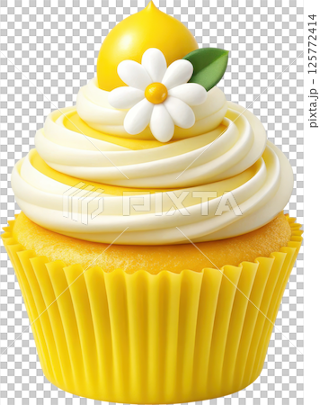 Vibrant lemon cupcake with creamy frosting and white flower 125772414
