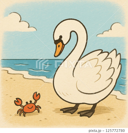 夏のビーチに、蟹さんと白鳥スワン　漫画絵　Generative AI 125772780