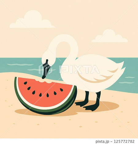海でスイカを食べる白鳥スワン 　シンプルデザインイラスト　Generative AI 125772782