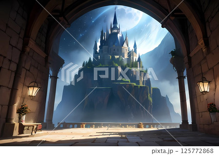 ゲーム背景 地下世界への入り口神殿と遺跡の城がある風景 ゲーム背景 地下世界への入り口神殿と遺跡の城がある風景 125772868