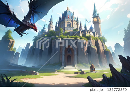 ゲーム背景　ドラゴンが飛ぶ中世ヨーロッパ風のお城がある風景 125772870