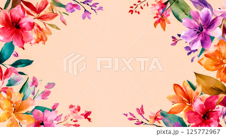 Floral postcard mockup with elegant flowers with pastel shades, greeting card design, card framed with flowers and space for text for weddings or birthdays 125772967
