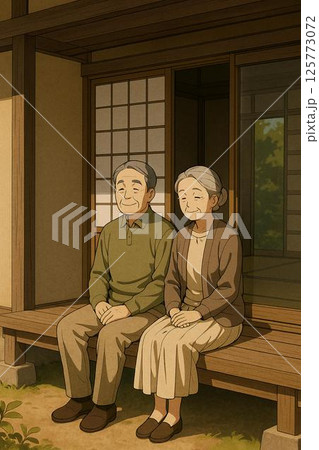 縁側で穏やかな時間を過ごす日本人の老夫婦のイラスト 125773072