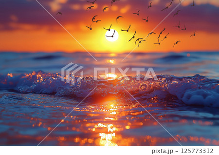 夕焼けの海と飛翔する鳥、輝く波とサンセットの絶景 125773312