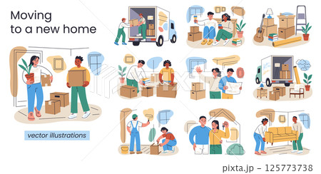 Vector collection of scenes about moving, buying and preparing new home. People pack boxes, carry furniture, load truck, paint walls, plan renovation, hold house keys. Cartoon illustrations set 125773738