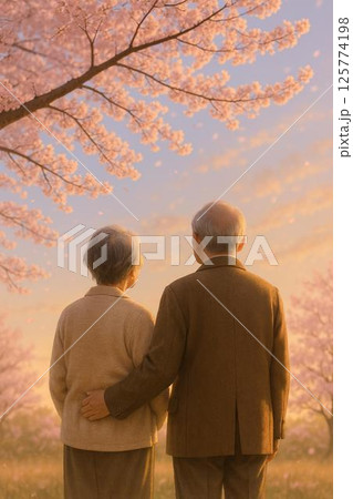 桜を見上げる日本人の老夫婦の後ろ姿 125774198