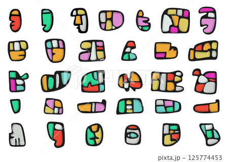 Colorful abstract stickers representing various shapes and symbols. 125774453