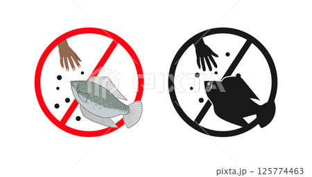 Do not feed fish, prohibition sign with hand dropping food. Do not feed fish, prohibition sign with hand dropping food. 125774463