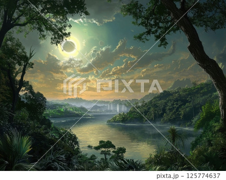 beautiful sunset over the river 125774637