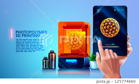 Photopolymer 3d printer on desk printed model. Maker hold tablet in hand with model on screen. Man control 3d printing on farm of 3d printers. Polymer resin bottles of prototyping on 3d printer. 125774660