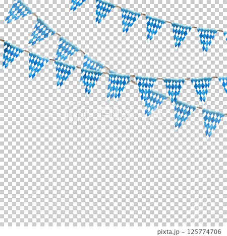 Flags with blue rhombus on white background hanging on rope frame. Triangular pennant garland on Oktoberfest beer festival. Watercolor painted isolated illustration for Bavarian card, banner template 125774706