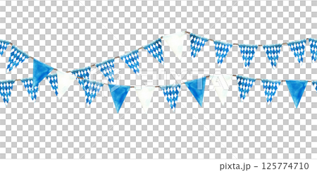 Flags on the rope. Blue, rhombus and white triangular pennant seamless pattern of Bavarian flag elements. Oktoberfest Germany festival garland. Watercolor painted illustration Isolated from background 125774710