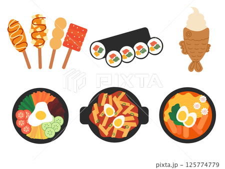 Korean food Set. Asian cuisine. Vector flat illustration. 125774779