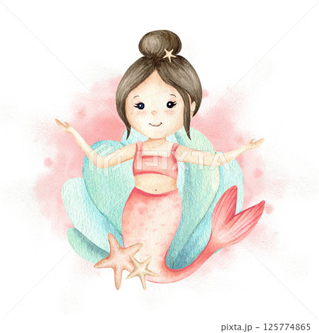 Mermaid little girl with updo hairstyle, mint seashell, starfishes on pastel pink Watercolor spot. Cute character for children's concept design. Hand drawn illustration isolated from background Mermaid little girl with updo hairstyle, mint seashell, starfishes on pastel pink Watercolor spot. Cute character for children's concept design. Hand drawn illustration isolated from background 125774865