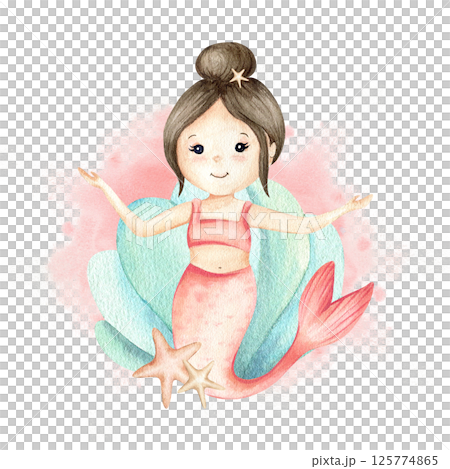 Mermaid little girl with updo hairstyle, mint seashell, starfishes on pastel pink Watercolor spot. Cute character for children's concept design. Hand drawn illustration isolated from background Mermaid little girl with updo hairstyle, mint seashell, starfishes on pastel pink Watercolor spot. Cute character for children's concept design. Hand drawn illustration isolated from background 125774865