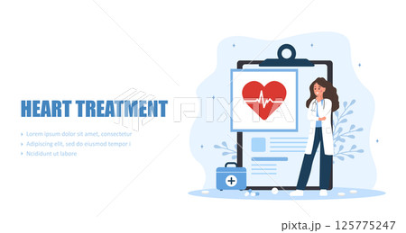 Heart treatment. Cardiology and circulatory system disease. Cardiologist concept. Doctor patient help. Vector illustration 125775247