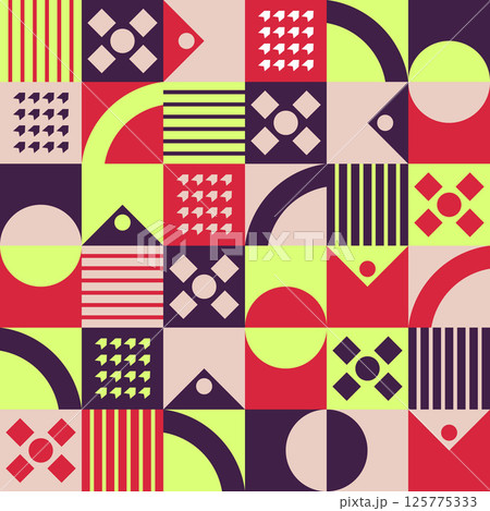 Abstract Geometric Background. Neo Geo Pattern. Abstract Pattern Trendy with Square and Round Colored. Neo Geo Seamless Pattern Design Can Be Used For Wrapping Paper, Packaging, Wallpaper, Cover, post 125775333