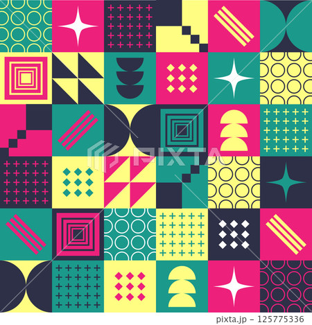 Abstract Geometric Background. Neo Geo Pattern. Abstract Pattern Trendy with Square and Round Colored. Neo Geo Seamless Pattern Design Can Be Used For Wrapping Paper, Packaging, Wallpaper, Cover, post Abstract Geometric Background. Neo Geo Pattern. Abstract Pattern Trendy with Square and Round Colored. Neo Geo Seamless Pattern Design Can Be Used For Wrapping Paper, Packaging, Wallpaper, Cover, post 125775336
