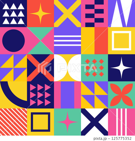 Abstract Geometric Background. Neo Geo Pattern. Abstract Pattern Trendy with Square and Round Colored. Neo Geo Seamless Pattern Design Can Be Used For Wrapping Paper, Packaging, Wallpaper, Cover, post Abstract Geometric Background. Neo Geo Pattern. Abstract Pattern Trendy with Square and Round Colored. Neo Geo Seamless Pattern Design Can Be Used For Wrapping Paper, Packaging, Wallpaper, Cover, post 125775352