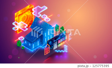 Smart home controlled phone. Internet of things technology of smart home automation system. Small digital 3d house standing next of screen phone with wireless connections with icons home devices. iot. 125775395