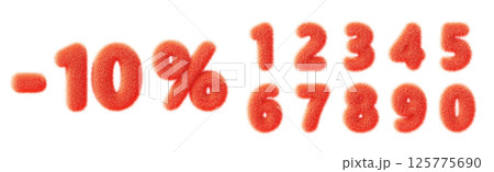 3d red fur fluffy font numbers from 0 to 9 with minus 10 percent sign for special sale banner. Soft plush texture digits, furry discount figures, percentage price, isolated render set. 3D illustration 3d red fur fluffy font numbers from 0 to 9 with minus 10 percent sign for special sale banner. Soft plush texture digits, furry discount figures, percentage price, isolated render set. 3D illustration 125775690