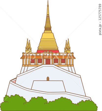 Illustration of The golden mountain, Wat Saket temple in Bangkok, Thailand. 125775789