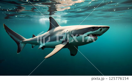 Majestic shark glides through clear blue water showcasing its powerful presence and natural grace during a calm afternoon Majestic shark glides through clear blue water showcasing its powerful presence and natural grace during a calm afternoon 125776154