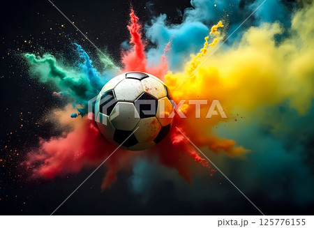 Vivid explosion of colors surrounds a soccer ball in an artistic representation of sport and creativity Vivid explosion of colors surrounds a soccer ball in an artistic representation of sport and creativity 125776155