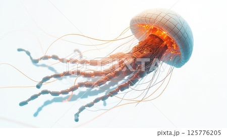 Underwater jellyfish glows brightly as it floats gracefully through the ocean depths during twilight hours 125776205