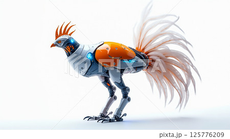 Robotic chicken with mechanical features and vibrant colors standing on a white background Robotic chicken with mechanical features and vibrant colors standing on a white background 125776209