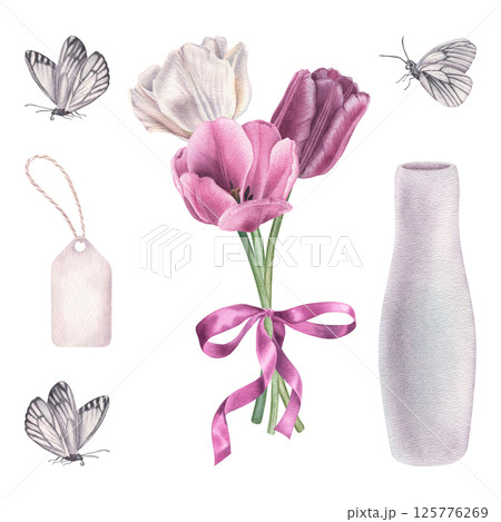 Bouquet of tulips with bow, ceramic white vase, white butterflies and tag. Hand drawn watercolor illustration of spring flowers on isolated background. Elements for invitations or greeting cards Bouquet of tulips with bow, ceramic white vase, white butterflies and tag. Hand drawn watercolor illustration of spring flowers on isolated background. Elements for invitations or greeting cards 125776269