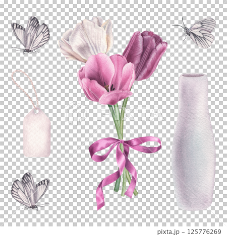 Bouquet of tulips with bow, ceramic white vase, white butterflies and tag. Hand drawn watercolor illustration of spring flowers on isolated background. Elements for invitations or greeting cards 125776269