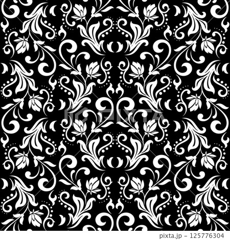 Wallpaper in the style of Baroque. White and black floral ornament. Seamless vector background. Graphic pattern for fabric, wallpaper, packaging. Ornate Damask flower illustration. Wallpaper in the style of Baroque. White and black floral ornament. Seamless vector background. Graphic pattern for fabric, wallpaper, packaging. Ornate Damask flower illustration. 125776304