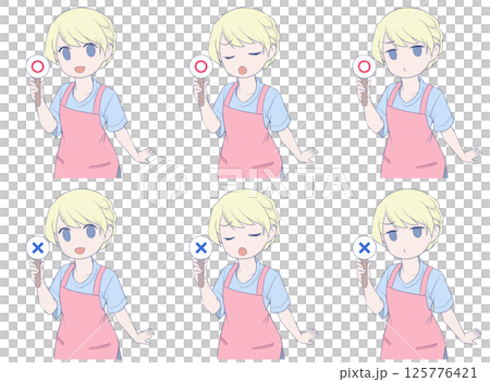 A blonde woman wearing an apron holding a marker stick, 3 facial expressions and 2 symbol sets 125776421