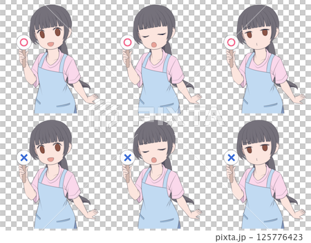 A woman with black hair wearing an apron holding a circle and cross sign, 3 facial expressions and 2 symbol sets A woman with black hair wearing an apron holding a circle and cross sign, 3 facial expressions and 2 symbol sets 125776423