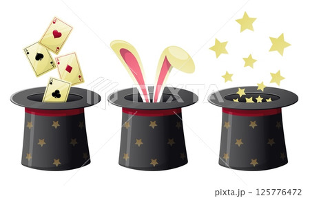 Black magic hat. Magician tricks. Cylinder cap with poker ace cards and bunny ears. Circus performance. Illusionist show accessory. Witchcraft spell sparkle. Vector conjuror tools set Black magic hat. Magician tricks. Cylinder cap with poker ace cards and bunny ears. Circus performance. Illusionist show accessory. Witchcraft spell sparkle. Vector conjuror tools set 125776472