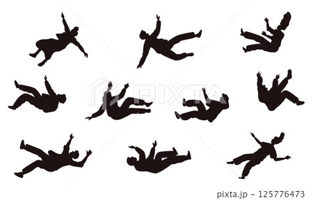 Black silhouettes men and women falling. People flying poses. Hovering and floating persons in air. Sky weightlessness. Free down moving. Gravity soaring. Vector motion positions set 125776473