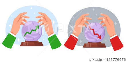 Crystal magic ball and businessman hands with graph up or down inside. Investment forecast. Stock exchange volatility. Economy prediction. Financial growth prognosis. Vector concept Crystal magic ball and businessman hands with graph up or down inside. Investment forecast. Stock exchange volatility. Economy prediction. Financial growth prognosis. Vector concept 125776476