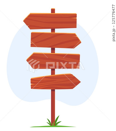 Directional sign with wooden arrows on large wood pole. Empty way pointers. Rural plank signboard. Information guidepost. Timber board road guidance. Vector isolated hardwood signpost 125776477