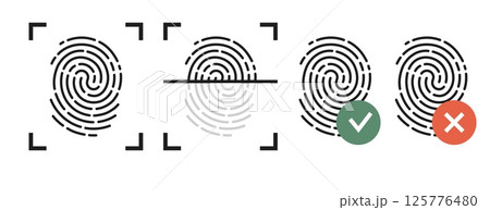 Fingerprint scanning with green flag or red cross. Biometric unique identification process. Electronic scanner. Approve or restricted access. Human ID authentication vector icons set 125776480