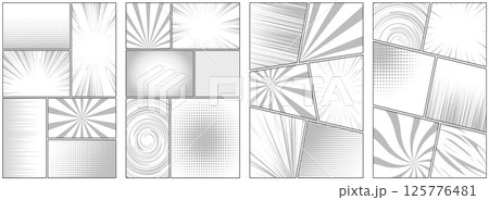 Comic book frame. Monochrome manga template. Pop art cartoon page with grid and boxes on white backdrop. Anime cover with explosion speed lines and halftone effect for storyboard. 125776481