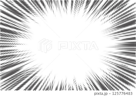 Speed lines effect for comics and manga books. Vector fast motion abstract graphic element. Halftone striped radial explosion isolated on white bg. Monochrome explosion frame. 125776483