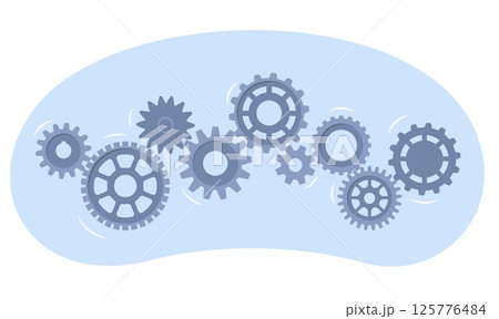 Gears folded into one mechanism. Smooth operation all parts engineering construction. Industrial equipment assemble. Cogwheels connection. Spinning cog wheels. Vector teamwork concept 125776484
